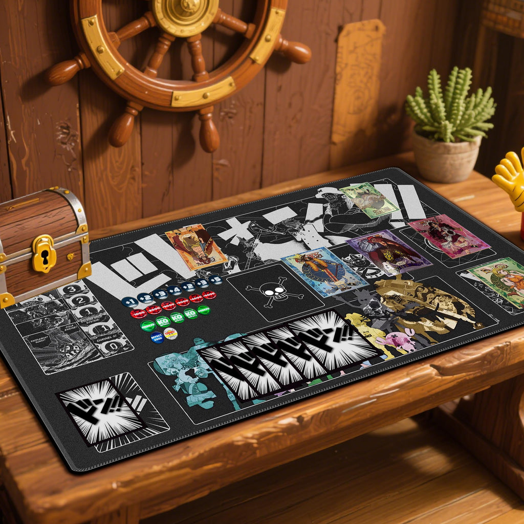 for one piece TCG playmat - 24x14 inches Rubber Card Game mat with Marked Areas, 20 Acrylic counters & Storage Bag for one piece Card Game Fans (Skeleton)