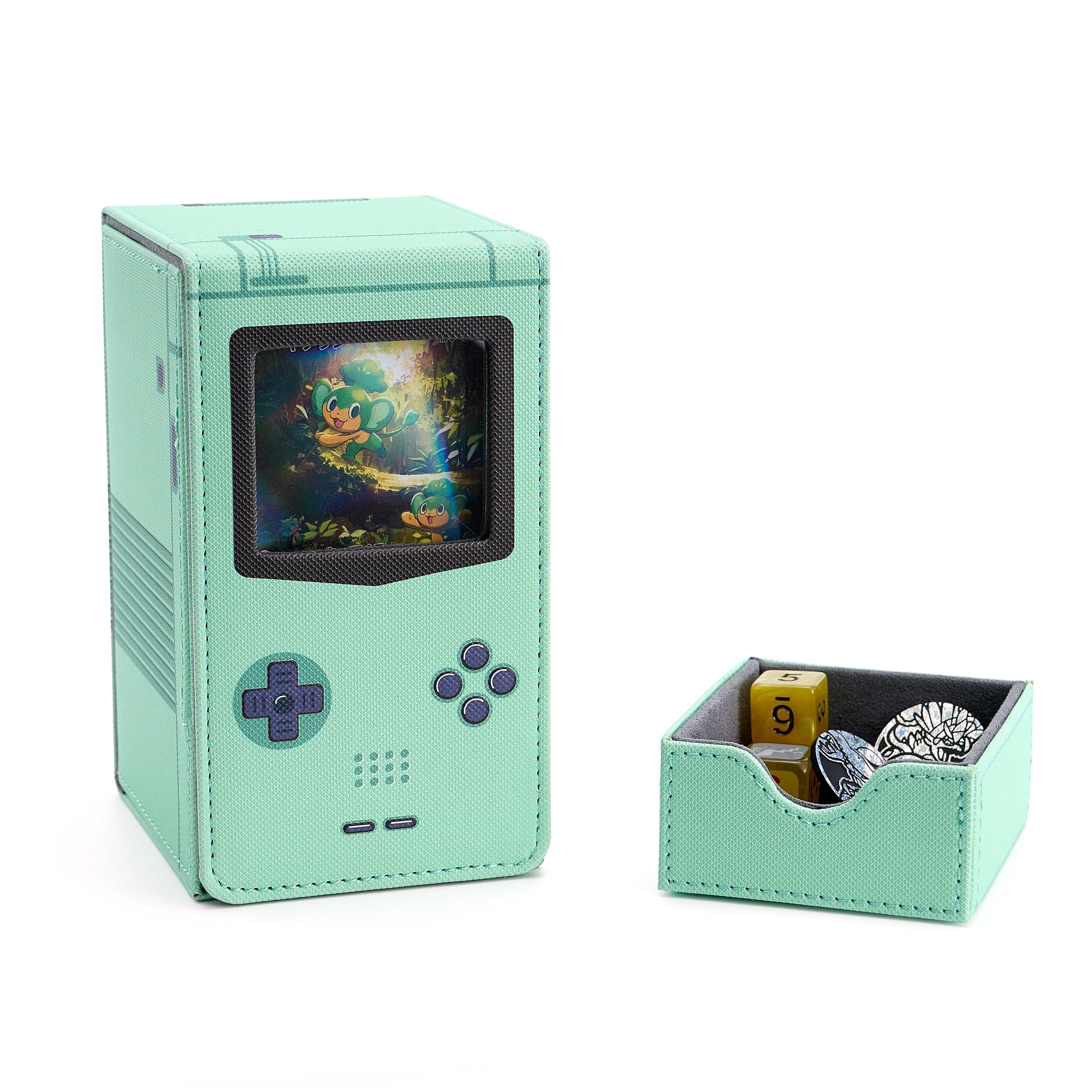 Venssu Retro Gaming Console MTG Deck Box with Dice Tray, Card Deck Case with Commander Display, PU Leather Card Storage Box Fit 120 Single Sleeved Cards, Compatible with TCG/PTCG (Blue)