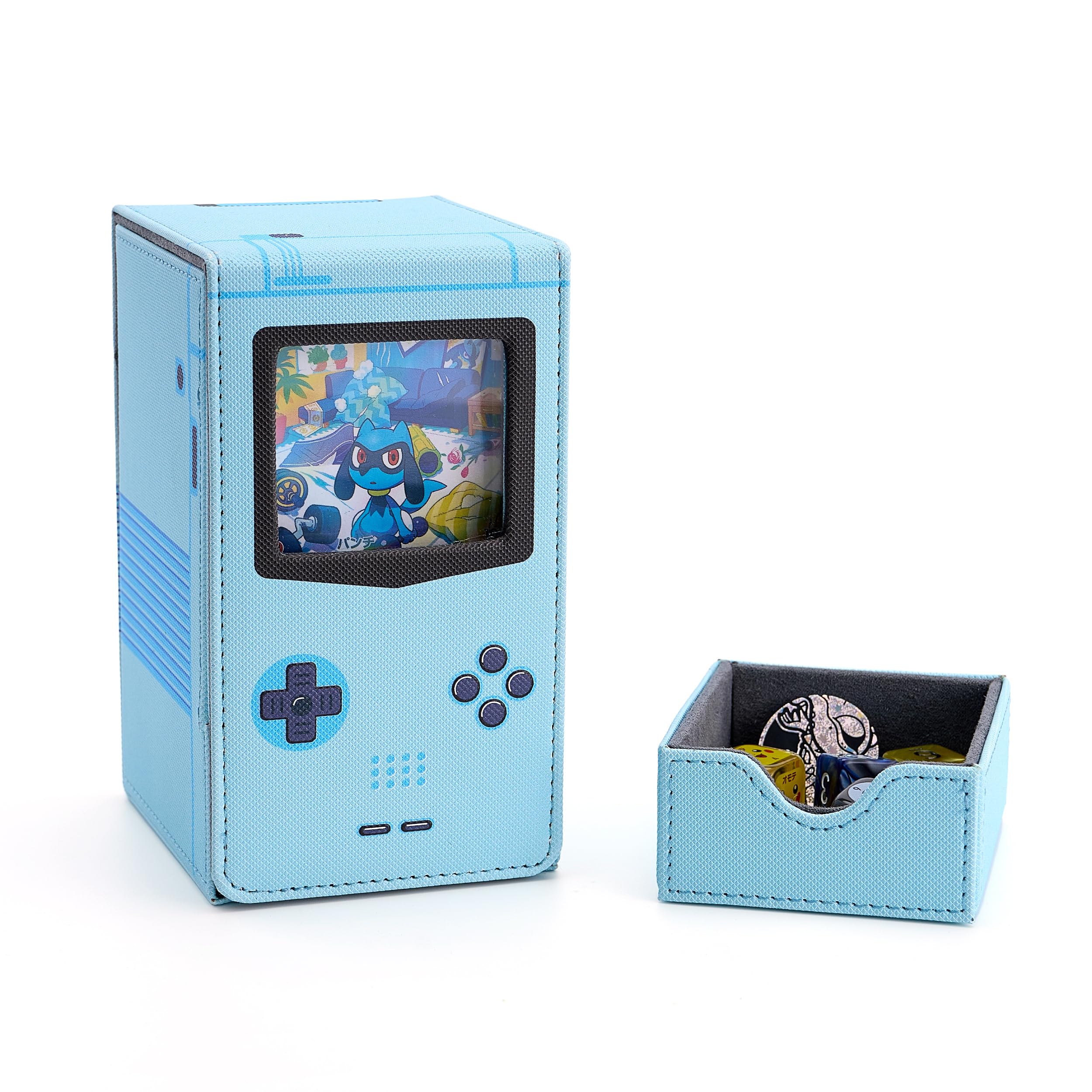 Venssu Retro Gaming Console MTG Deck Box with Dice Tray, Card Deck Case with Commander Display, PU Leather Card Storage Box Fit 120 Single Sleeved Cards, Compatible with TCG/PTCG (Blue)