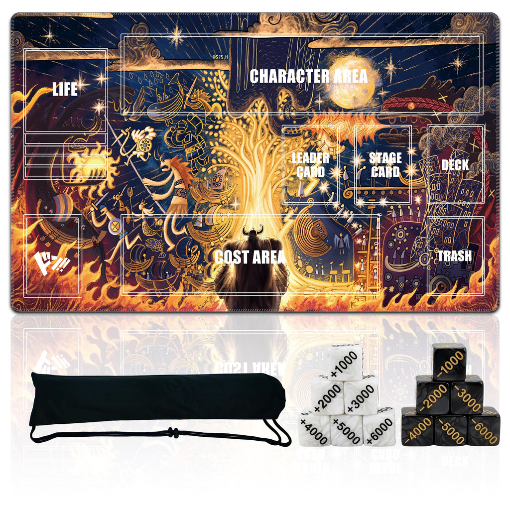 Single-Player TCG Playmat with Zones Compatible with One Piece Card Game, Bonus Power Counter Dice & Storage Bag Included 24x14 Inches, Non-Slip Rubber Trading Card Game Mat (Fiery Showdown)