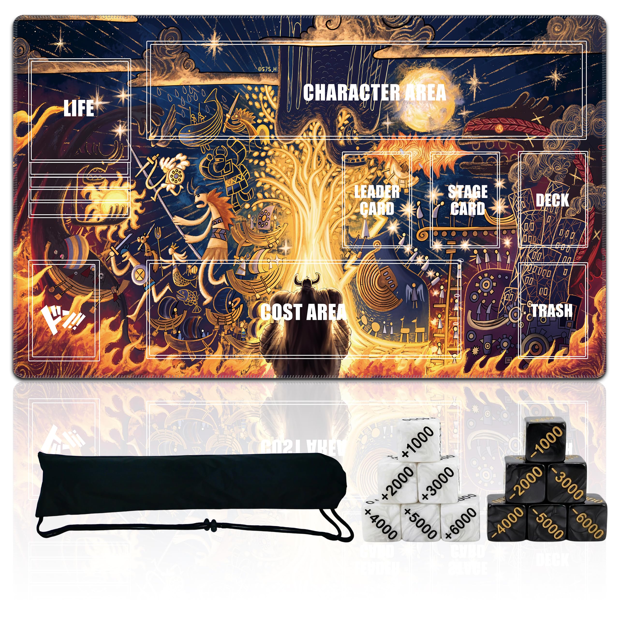 Single-Player TCG Playmat with Zones Compatible with One Piece Card Game, Bonus Power Counter Dice & Storage Bag Included 24x14 Inches, Non-Slip Rubber Trading Card Game Mat (Fiery Showdown)