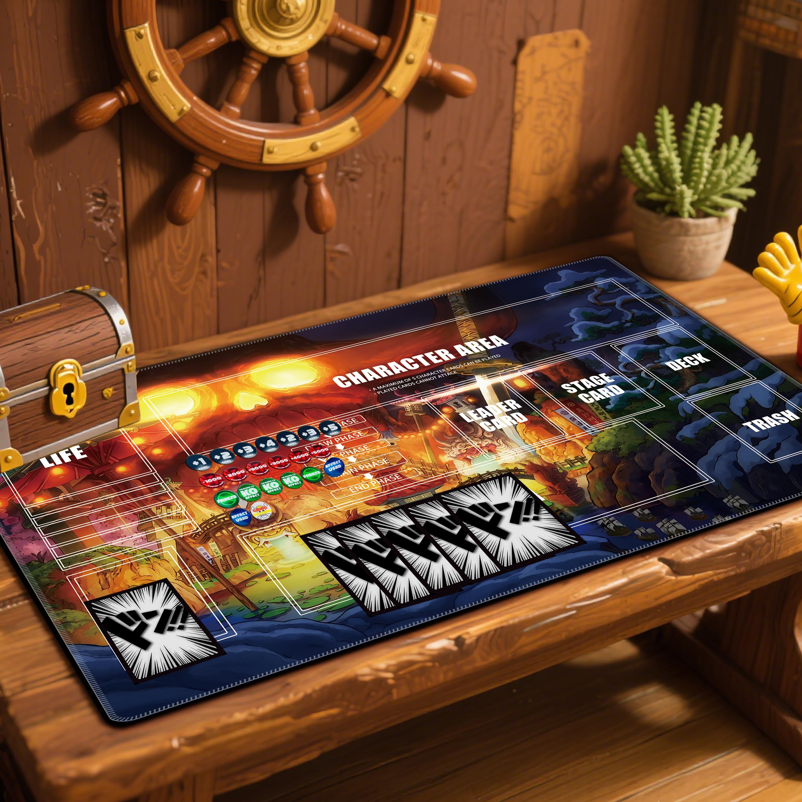for one piece TCG playmat - 24x14 inches Rubber Card Game mat with Marked Areas, 20 Acrylic counters & Storage Bag for one piece Card Game Fans (Skeleton)