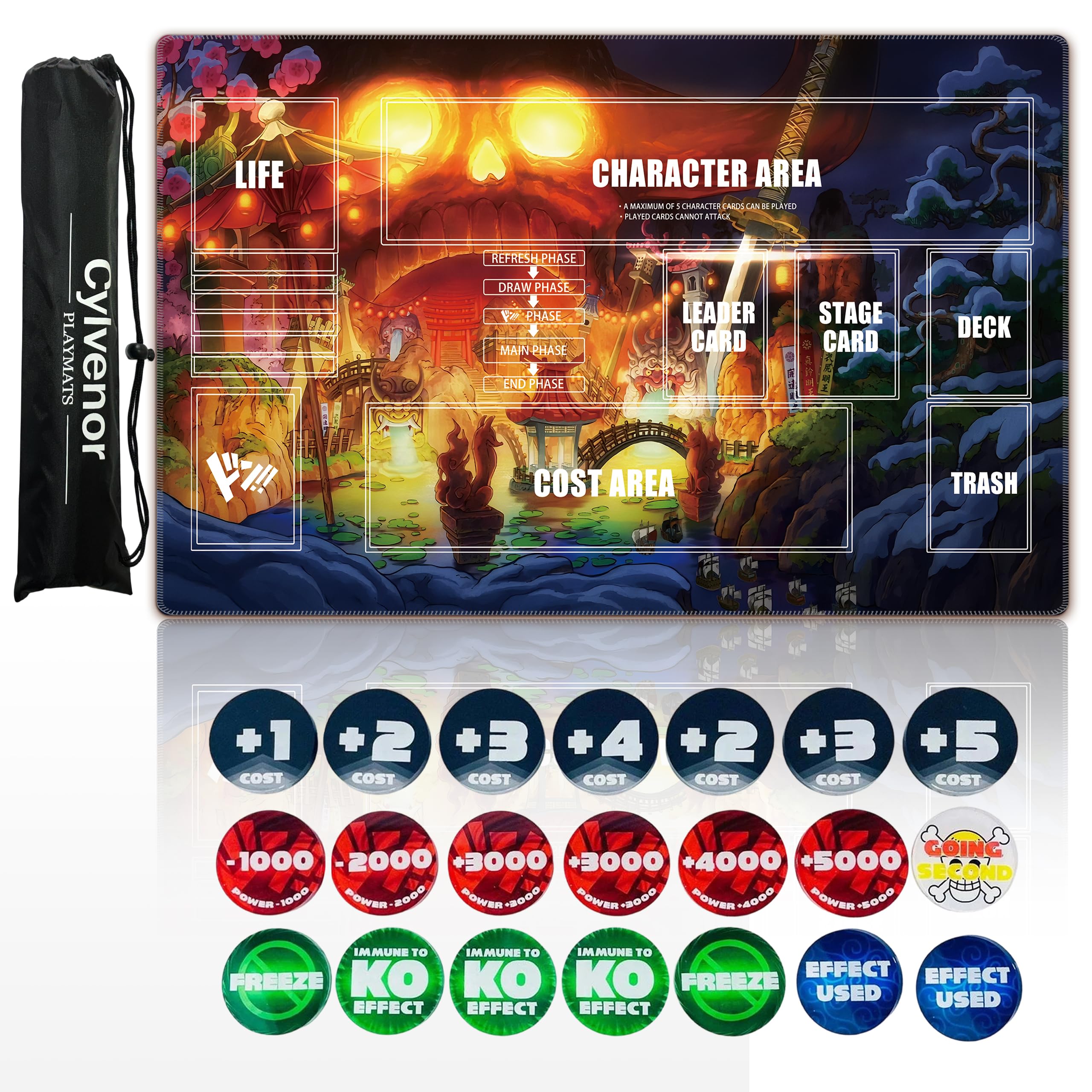 for one piece TCG playmat - 24x14 inches Rubber Card Game mat with Marked Areas, 20 Acrylic counters & Storage Bag for one piece Card Game Fans (Skeleton)