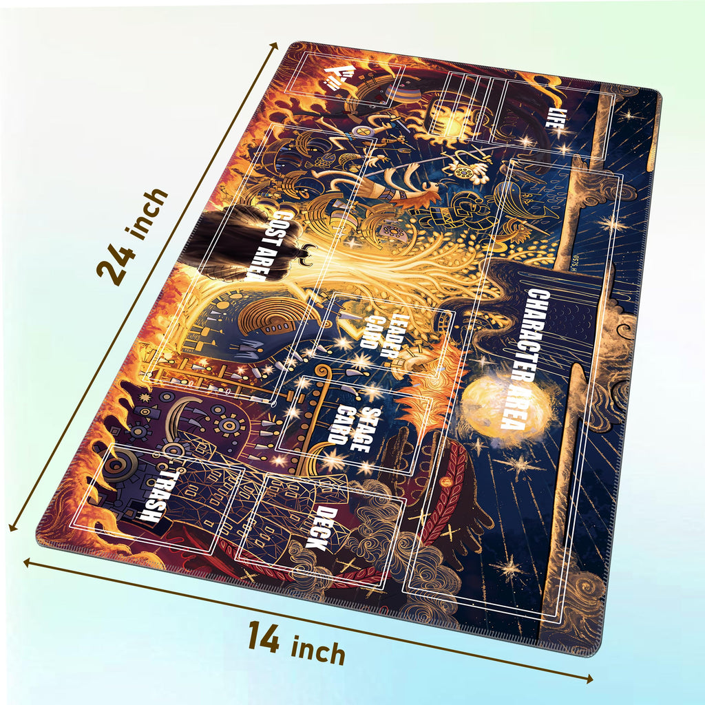 Single-Player TCG Playmat with Zones Compatible with One Piece Card Game, Bonus Power Counter Dice & Storage Bag Included 24x14 Inches, Non-Slip Rubber Trading Card Game Mat (Fiery Showdown)