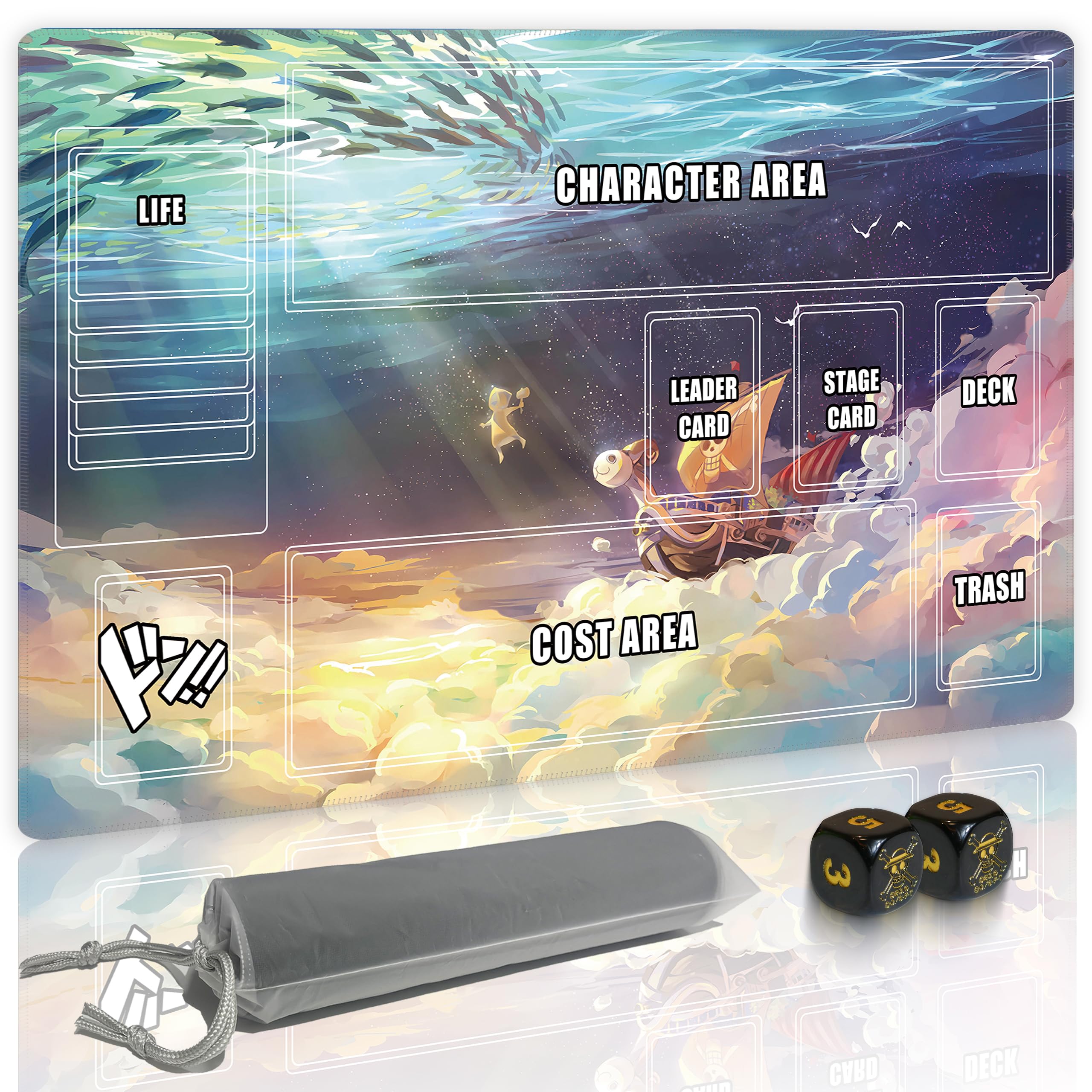 for one Piece TCG playmat Set - 14x24 inches Gaming mat with 2 Skull dice and Storage Bag for one Piece Card Game Adventures (Skeleton)