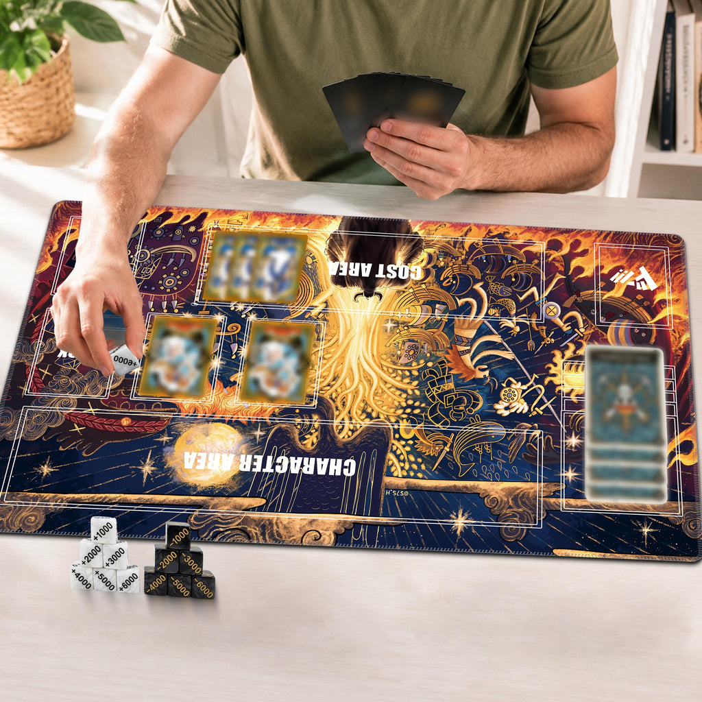 Single-Player TCG Playmat with Zones Compatible with One Piece Card Game, Bonus Power Counter Dice & Storage Bag Included 24x14 Inches, Non-Slip Rubber Trading Card Game Mat (Fiery Showdown)