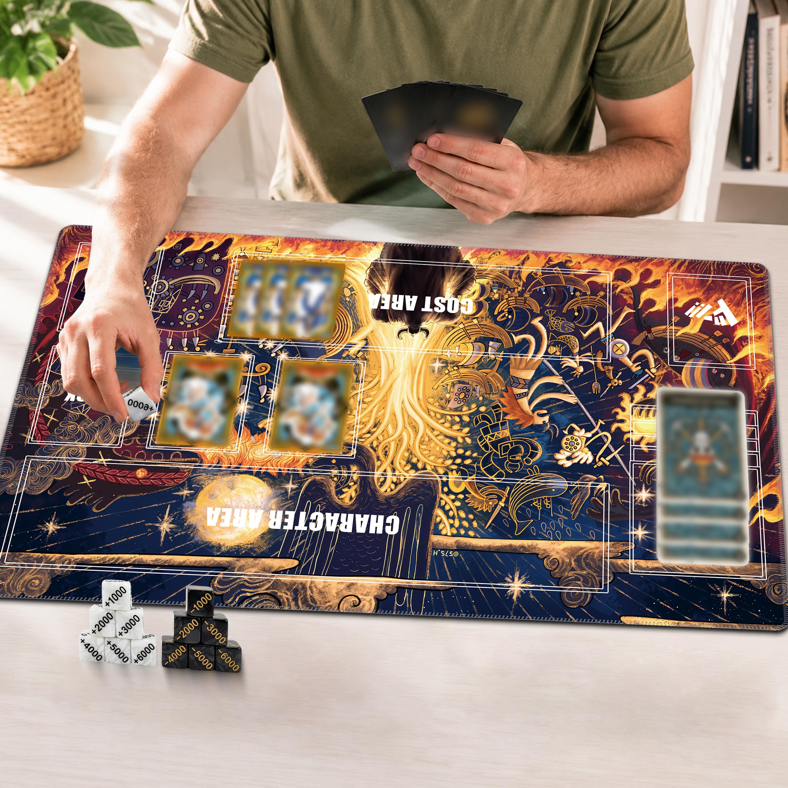 Single-Player TCG Playmat with Zones Compatible with One Piece Card Game, Bonus Power Counter Dice & Storage Bag Included 24x14 Inches, Non-Slip Rubber Trading Card Game Mat (Fiery Showdown)