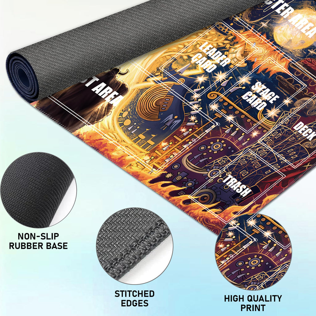 Single-Player TCG Playmat with Zones Compatible with One Piece Card Game, Bonus Power Counter Dice & Storage Bag Included 24x14 Inches, Non-Slip Rubber Trading Card Game Mat (Fiery Showdown)