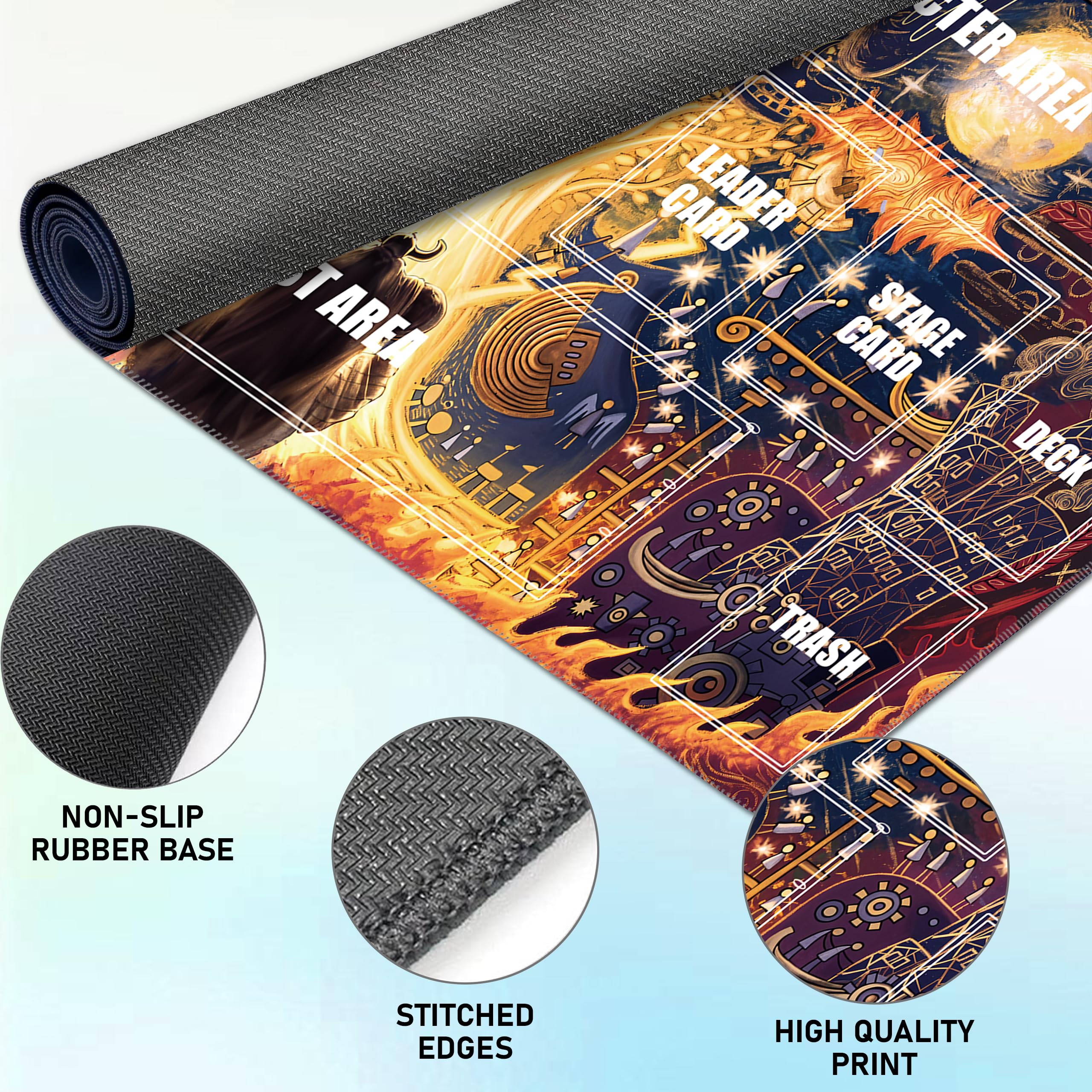Single-Player TCG Playmat with Zones Compatible with One Piece Card Game, Bonus Power Counter Dice & Storage Bag Included 24x14 Inches, Non-Slip Rubber Trading Card Game Mat (Fiery Showdown)