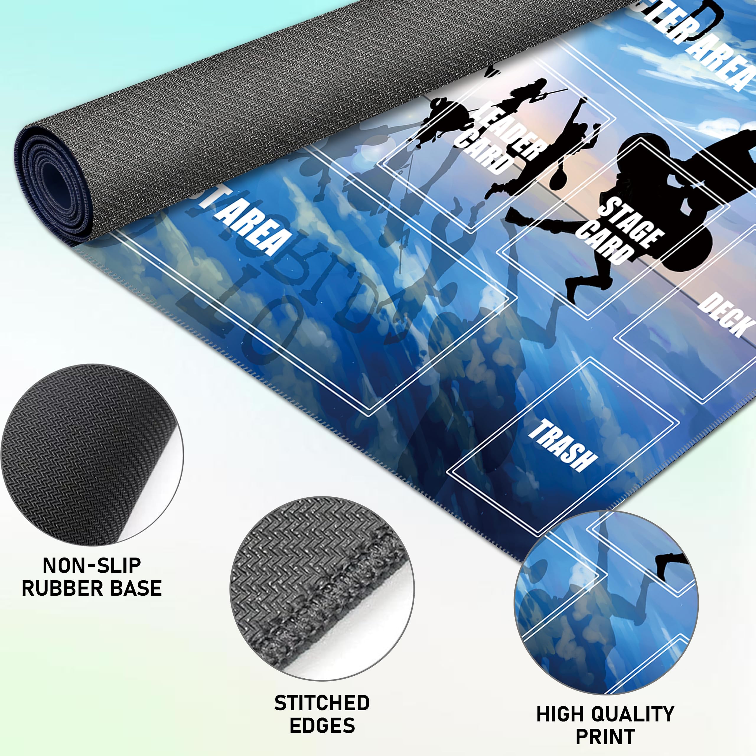 Single-Player TCG Playmat with Zones Compatible with One Piece Card Game, Bonus Power Counter Dice & Storage Bag Included 24x14 Inches, Non-Slip Rubber Trading Card Game Mat (Fiery Showdown)